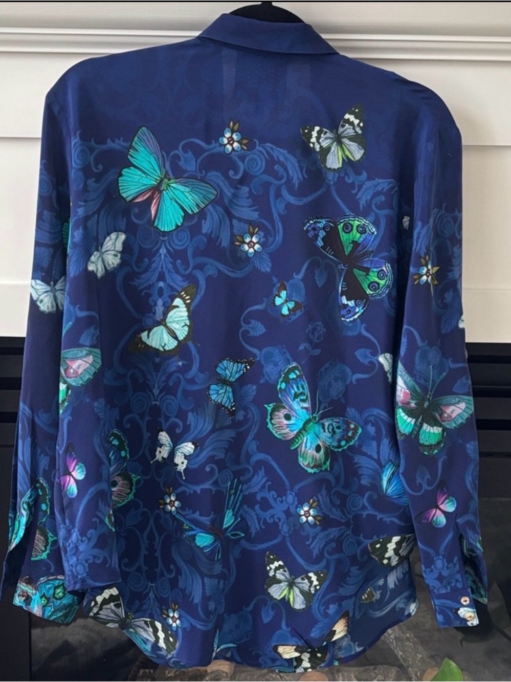 Johnny Was Navy Blue Butterfly Print Button-Up Blouse - Picture 3 of 5